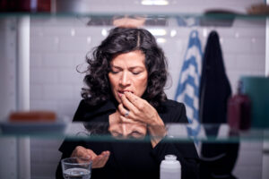 a woman takes her prescribed dose of suboxone to manage her addiction recovery